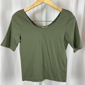H&M Divided Medium Scoop Neck Ballerina Cuff Sleeve Crop Top Olive Green NWOT